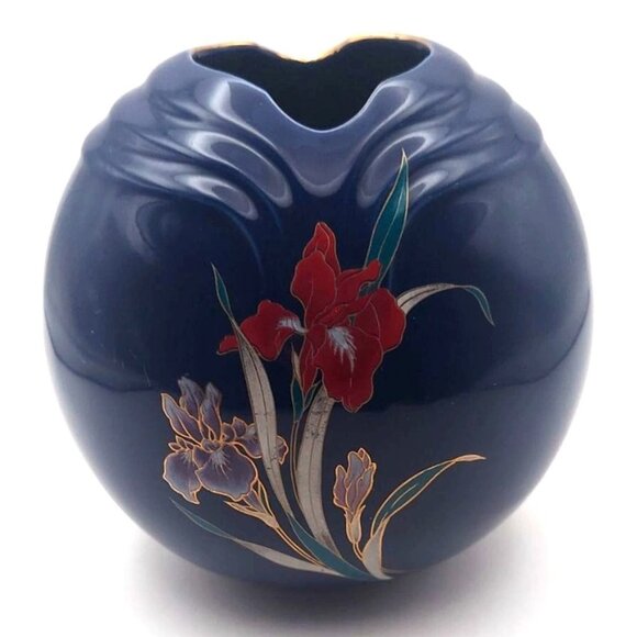 Vintage Japanese Fine China Blue Ribbed Vase With Iris Floral Design - Picture 1 of 6